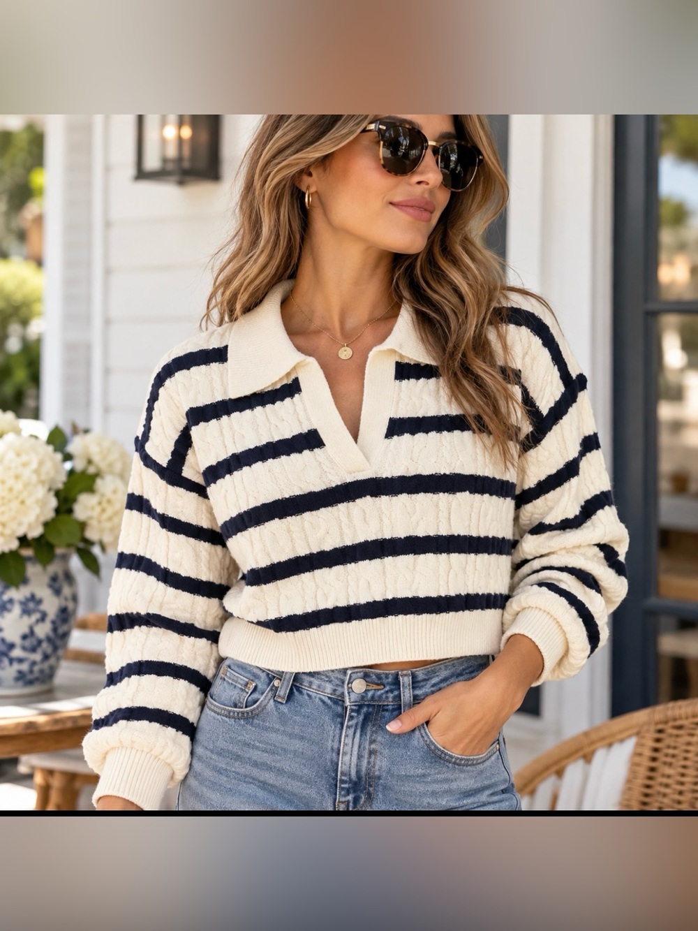 NWT MABLE Rhode Island Striped Cable Knit Crop Sweater Large
